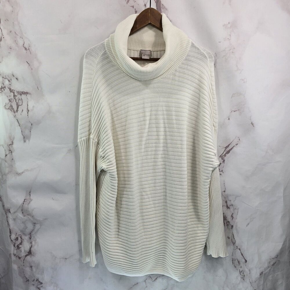Chicos Sweater Womens 4 XXL White Ribbed Turtleneck Dropped Shoulder